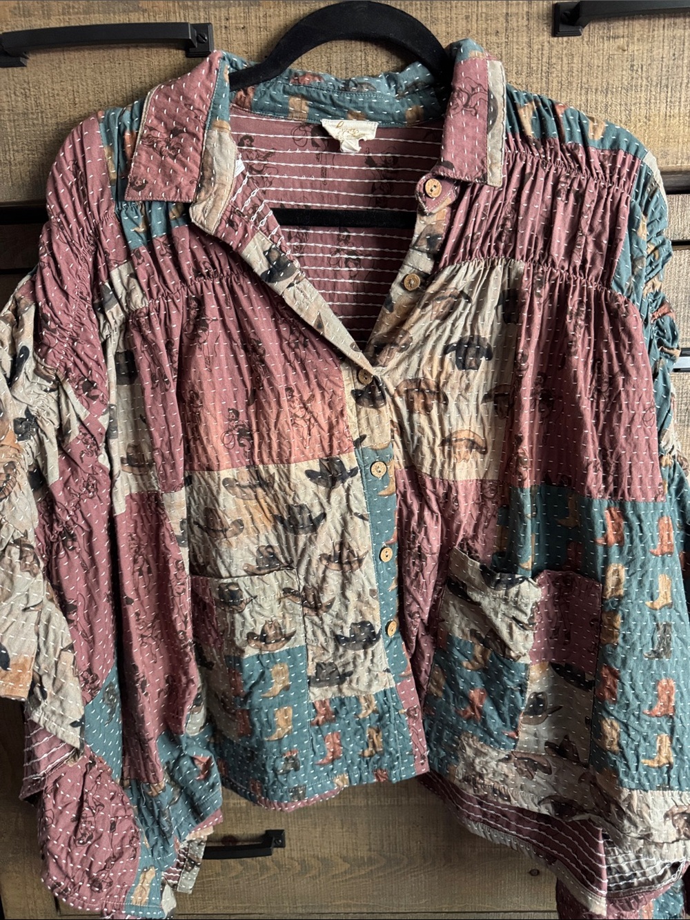 Boho Patchwork Button-Down Shirt in Mauve & Teal